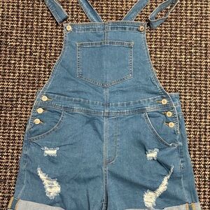 Blue Denim Shorts Overalls with Distressed Details